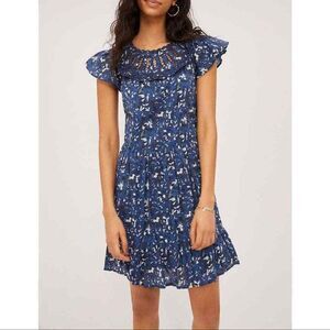Anthropologie Othilia Dessa Ruffled Mini Dress In Blue Motif Size M